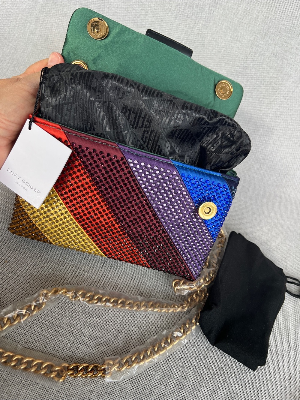 Kurt Geiger Rainbow Crystal embellished Satin Mini convertible bag NWT - Picture 13 of 17